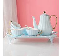 IUokLU 8 Pieces Porcelain Tea Sets White Ceramic Tea Service for Adults One Teapot Set of 6 Coffee Cups with Tray and Teaspoons,Blue