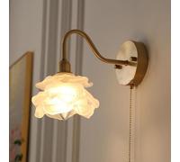 IUokLU Antique Gold Gooseneck Bedside Wall Lamp Vintage Wall Sconce with Pull Chain Hardwired Rose Floral Glass Flower Wall Sconce for Girls Bedroom Kids Bathroom,Frosted glass