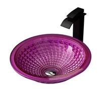 IUokLU Bathroom Vessel Sink Round Crystal Glass Vessel Sink Combo Counter Top Installation Bathroom Vessel Vanity Sink Art Basin with Black Waterfall Faucet Set Brass Pop Up Drain (Pink) (Pink)
