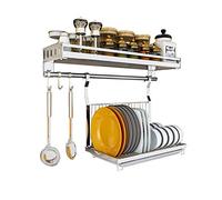 IUokLU Dish Drainer Wall Mounted Dish Spice Rack Multifunctional 3-in-1 Kitchen Bookshelf Storage Rack with Spice Holder Shelf, Folding Dish Drying Rack and 3 Removable Sol