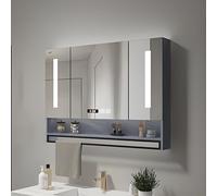 IUokLU LED Bathroom Mirror Cabinet with Smart Anti-Fog, Time Display, Makeup Storage, Wall-Mounted Vanity Mirror for Sink Area, Stylish & Functional Design(Gris-80x75cm)