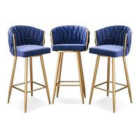IUokLU Modern 360° Swivel Barstools Stylish Bar Height Chairs 25.6/29.5 Inch Upholstered Kitchen Stools with Steel Legs and Footrest Grey & Black Finish(Blue Gold Leg-3 PCS)