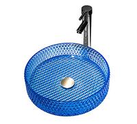 IUokLU Modern Blue Glass Vessel Sink 15.5" Round Countertop Basin for Bathroom Vanity Flash Glass Boat Shape Design 395mm x 395mm x 105mm(Blue-Package 2)