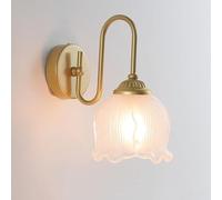 IUokLU Nordic Mid-Century Modern Wall Light with Antique Gold Flower Design Ribbed Milk Glass Wall Sconce Vintage Farmhouse Wall Lamp for Bedroom Living Room Hallway,