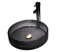 IUokLU Round Vessel Sink Boat Basin Washbasin Countertop Flash Glass Basin Yellow Glass Basin Sink 395 x 395 x 105mm Bathroom Cloakroom Vanity Sink(Black-Package 1)