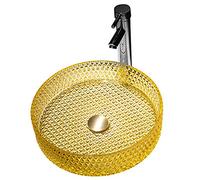 IUokLU Round Vessel Sink Boat Basin Washbasin Countertop Flash Glass Basin Yellow Glass Basin Sink 395 x 395 x 105mm Bathroom Cloakroom Vanity Sink(Yellow-Package 1)