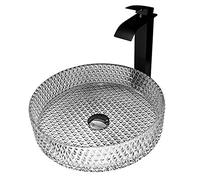 IUokLU Round Vessel Sink Boat Basin Washbasin Countertop Flash Glass Basin Yellow Glass Basin Sink 395 x 395 x 105mm Bathroom Cloakroom Vanity Sink(White-Package 2)