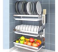IUokLU Stainless Steel WallMounted Dish Rack 3Tier Kitchen Drying Shelf with Drain Tray Utensil Storage nizer Includes Chopstick Holder