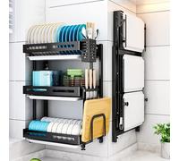IUokLU Wall-Mounted Stainless Steel Dish Rack - 3-Tier Foldable Dish Drainer with Drain Pan Space-Saving Kitchen Storage Shelf Efficient Drying Rack for Dishes Black