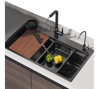 IUokLU Waterfall Sink Black Kitchen Sink Digital Waterfall Faucet Stainless Steel Sink Single Bowl Sink Can Be Installed Under The Counter Complete Accessories,65X45X22CM