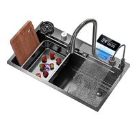 IUokLU Waterfall Sink Black Kitchen Sink Digital Waterfall Faucet Stainless Steel Sink Single Bowl Sink With Cup Washer Knob Controlled Drainage Complete Accessories,75x45cm