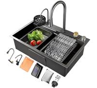 IUokLU Waterfall Sink Black Stainless Steel Single Bowl Sink Waterfall Kitchen SinkSlide-and-dine Kitchen WorkstationWith Pull-out FaucetGlass Rinser And,75x45x22cm