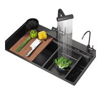 IUokLU Waterfall Sink Black Stainless Steel Sink With Waterfall Kitchen Sink Single Bowl Sink Digital Waterfall Pull-out Faucet Complete Accessories,72X45X22CM