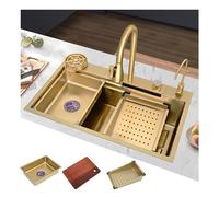 IUokLU Waterfall Sink Gold Waterfall Kitchen SinkStainless Steel Single Bowl Sink Slide-and-Dine Kitchen Workstationwith Pull-Out FaucetKnob Drainage and,68x45x22cm