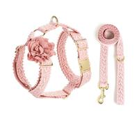 IUOUTG Pink No Pull Dog Harness and Leash Set Soft Girl Dog Harness with Flower & Adjustable Metal Buckle Easy Control for Walking Wedding Birthday Party
