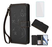 IUQXU for BLU View 5 Pro Phone Wallet Case with Screen Protector Leather Zipper Pocket Card Slots Flip Cell Phone Case Floral Butterfly Cover for BLU View5 Pro Blue View5Pro B170D BLUView5Pro Black