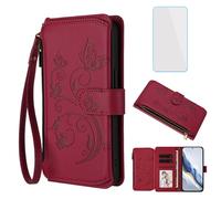 IUQXU for BLU View 5 Pro Phone Wallet Case with Screen Protector Leather Zipper Pocket Card Slots Flip Cell Phone Case Floral Butterfly Cover for BLU View5 Pro Blue View5Pro B170D BLUView5Pro Wine