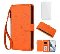 IUQXU for Honor Magic8 Lite 5G Phone Case Wallet with Screen Protector Leather Zipper Pocket Card Slots Women Flip Mobile Phone Case Floral Butterfly Cover for Honor Magic 8 Lite Magic8Lite Orange