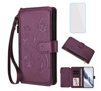 IUQXU for TCL 40 XL/TCL 40 T/Lively Jitterbug Smart4 Phone Wallet Case with Screen Protector Zipper Pocket Card Slots Cell Phone Case Floral Butterfly Cover for TCL 40XL 40T Jitterbug Smart 4 Purple