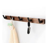 IURRDOP Black Walnut Wood Wall Mount Coat Rack with 5 Hooks, Adhesive Mounted Rustic Decorative Entryway Hooks, Mid Century Modern Natural Wooden Pegs for Hanging Coat Clothes Hat Bag Purse and Towel