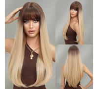 Iuscacey Dark Brown Long Straight Wig, for Ladies Daily Party Role Play Blonde Highlights Natural Synthetic Wig with Bangs,brown gold