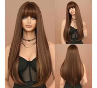 Iuscacey Dark Brown Long Straight Wig, for Ladies Daily Party Role Play Blonde Highlights Natural Synthetic Wig with Bangs,orange gold