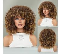 Iuscacey Kinky Curly Wig with Bangs Synthetic Brown Curly Wig for Black Women Natural Hair Cosplay Party Heat Resistant Wig,chestnut brown