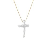 Iutymu White Pearl Cross Necklace Gold Filled Sterling Silver Box Chain Necklace Freshwater Pearl Cross Pendant Necklace Minimalist Necklace Cross Jewelry, Gold Plated, No Gemstone