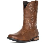 IUV Cowboy Boots For Men Western Boot Classic American Flag Embroidered Square Toe Mid-Calf Boots, Brown, 12