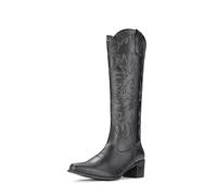 IUV Cowboy Boots For Women Knee High Boots Pointy Toe Women's Western Boots Side Zipper Chunky Heel Cowgirl Boots, Black, 6.5 UK