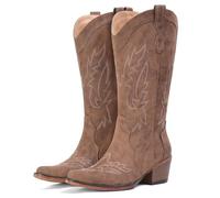 IUV Cowboy Boots for Women Mid Calf Cowgirl Western Boots with Embroidery, Retro Snip Toe with Chunky Heel, Summer Country Music Festival Cowboy Chic, Red/Brown, 7.5 UK