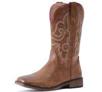 IUV Cowboy Boots For Women Square Toe Western Boots Mid Calf Cowgirl Boots Pull On Fashion Embroidered Cowboy Boots, Light Brown, 9.5 UK