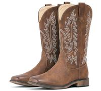 IUV Cowboy Boots For Women Square Toe Wide Western Boots Mid Calf Cowgirl Boots Pull On Embroidered Brown Cowboy Boots, Brown, 6 UK
