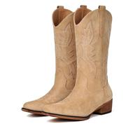IUV Cowboy Boots For Women Western Boots Cowgirl Boots Pull On Pointy Toe Mid Calf Boots, Suede Light Apricot, 7.5 UK