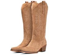 IUV Suede Cowboy Boots for Women Mid Calf Cowgirl Boots with Embroidered Western Design, Chunky Block Heel Retro Boot for Country Concert Music Festival Cowboy Chic, Dark Brown, 8.5 UK