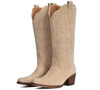 IUV Suede Cowboy Boots for Women Mid Calf Cowgirl Boots with Embroidered Western Design, Chunky Block Heel Retro Boot for Country Concert Music Festival Cowboy Chic, Camel, 10 UK