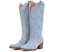 IUV Suede Cowboy Boots for Women Mid Calf Cowgirl Boots with Embroidered Western Design, Chunky Block Heel Retro Boot for Country Concert Music Festival Cowboy Chic, Blue, 9.5 UK