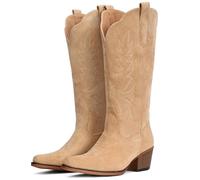 IUV Suede Cowboy Boots for Women Mid Calf Cowgirl Boots with Embroidered Western Design, Chunky Block Heel Retro Boot for Country Concert Music Festival Cowboy Chic, Apricot, 3 UK