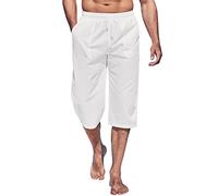 Iuyhau Mens Line Capri Pants with Pockets Drawstring Twill Elastic Mid Waist Below Knee 3/4 Cargo SweatShorts Outdoor Quick Dry Wide Straight Leg Baggy Long Hrem Shorts White