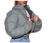 Iuyhau Women's Casual Cropped Lightweight Puffer Jacket Stand Collar Quilted Metallic Shiny Zip Up Short Bubble Puffy Coats Winter Warm Slim Fit Padded Puffer Down Jacket Coat Tops