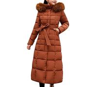 Iuyhau Women's Long Winter Coat with Belt, Hooded Puffer Coat, Warm Waterproof Puffy Jacket with Fur Hood, Lightweight Quilted Thickened Long Down Jacket, Maxi Down Parka