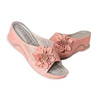 IUYTYSER Women Casual Wedge Mules Comfy Shoe Open Toe Flat Hollow Flower Heel Slippers Sandals Oh Yeah (Pink, 7) Ladies Size 6 Slides Leather For Womens 4 Brown Comfortable Summer Slip On