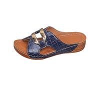 IUYTYSER Women Casual Wedge Mules Women'S Summer New Metal Hollow Thick Bottom Comfortable Beach Open Toe Slope Heel Slippers Crazy For Animal (Blue, 6) Sandals Womens Sliders Slides Black