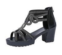 IUYTYSER Women Mid Heel Summer Sandals Women'S Outside Wear Big Size Foreign Trade Back Zip High Heels Female Thick With Roman Fish Mouth Go Walk (Black, 38) Ladies 6 Silver Shoes Black Gold