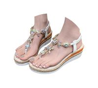 IUYTYSER Womens S als Ladies Mid Heel Wedge with Glitzy Jewels Elasticated Slingback Strap Thong Diamante S al with Wedge Bohemian Beaded Strap Summer Fashion Bridal Wedding Prom Party White 4.5