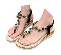 IUYTYSER Womens S als Ladies Mid Heel Wedge with Glitzy Jewels Elasticated Slingback Strap Thong Diamante S al with Wedge Bohemian Beaded Strap Summer Fashion Bridal Wedding Prom Party Black 4.5