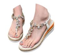 IUYTYSER Womens Sandals Ladies Mid Heel Wedge with Glitzy Jewels and Elasticated Slingback Strap Thong Diamante Sandal with Wedge Bohemian Beaded Strap Summer Fashion Bridal Wedding Prom Party White 6