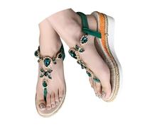 IUYTYSER Womens Sandals Ladies Mid Heel Wedge with Glitzy Jewels and Elasticated Slingback Strap Thong Diamante Sandal with Wedge Bohemian Beaded Strap Summer Fashion Bridal Wedding Prom Party Green 4