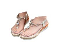 IUYTYSER Womens Sandals Ladies Mid Heel Wedge with Glitzy Jewels and Elasticated Slingback Strap Thong Diamante Sandal with Wedge Bohemian Beaded Strap Summer Fashion Bridal Wedding Prom Party White 4