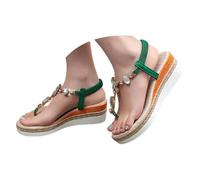 IUYTYSER Womens Sandals Ladies Mid Heel Wedge with Glitzy Jewels and Elasticated Slingback Strap Thong Diamante Sandal with Wedge Bohemian Beaded Strap Summer Fashion Bridal Wedding Prom Party Green 4